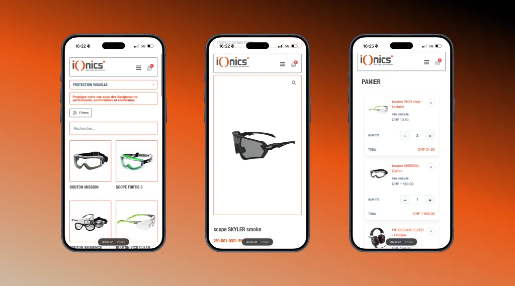 Trois iPhone affichant la boutique Ionics